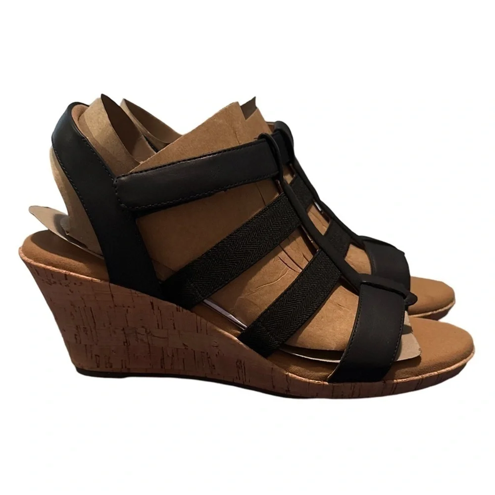 Rockport Blanca Wedge Sandal Elastic TBar Sandal in Black NEW in Box